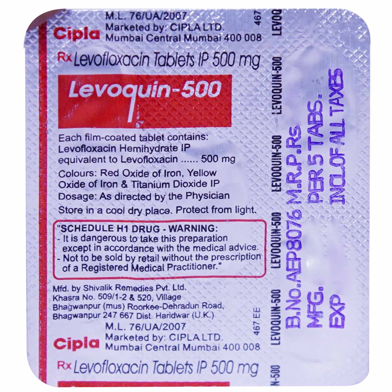 Levoquin 500 mg Tablet 5's, Pack of 5 TABLETS Levoquin 500 mg Tablet 5's, Pack of 5 TABLETS