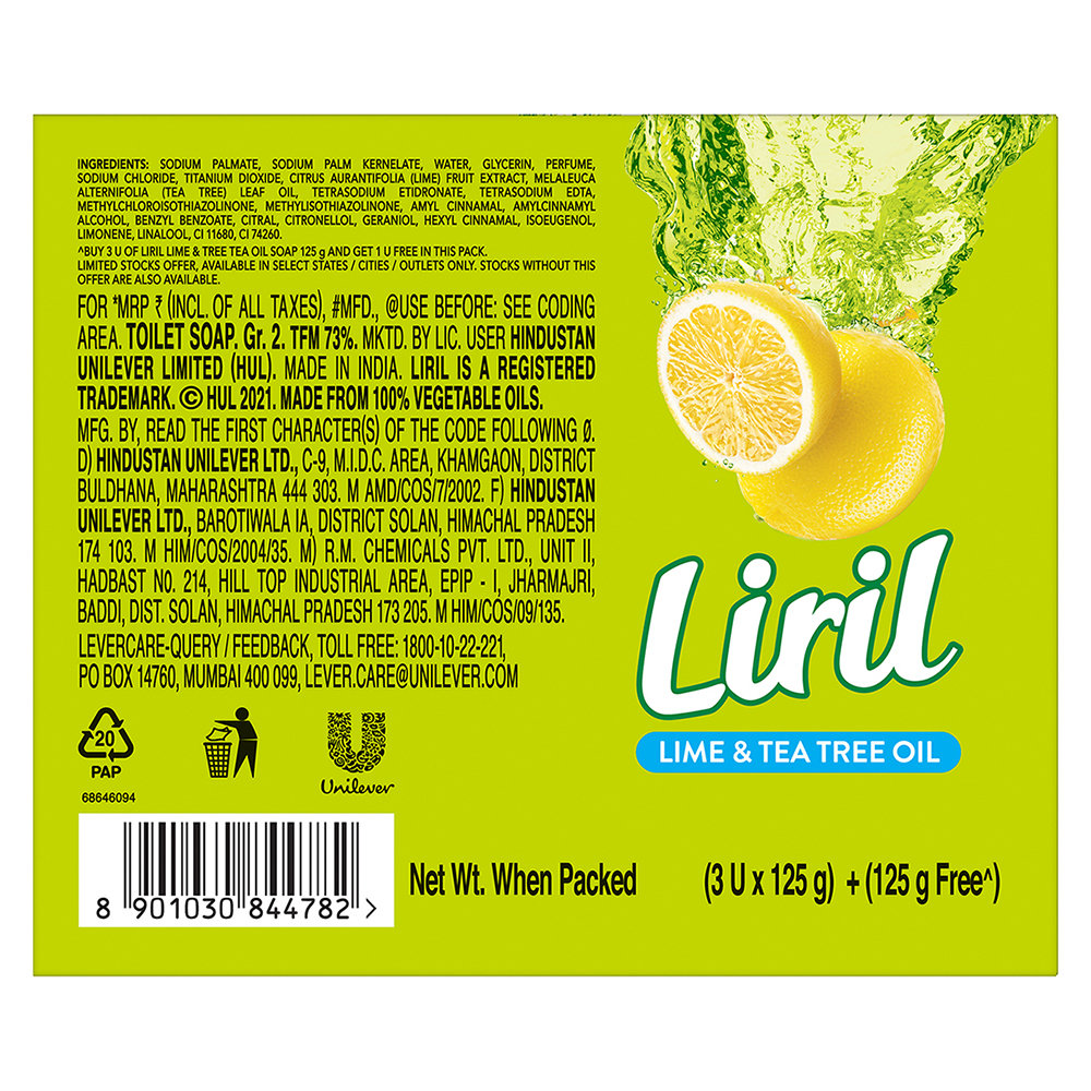 Liril Lemon & Tea Tree Soap, 125 gm (Buy 3 Get 1 Free), Pack of 1 Liril Lemon & Tea Tree Soap, 125 gm (Buy 3 Get 1 Free), Pack of 1