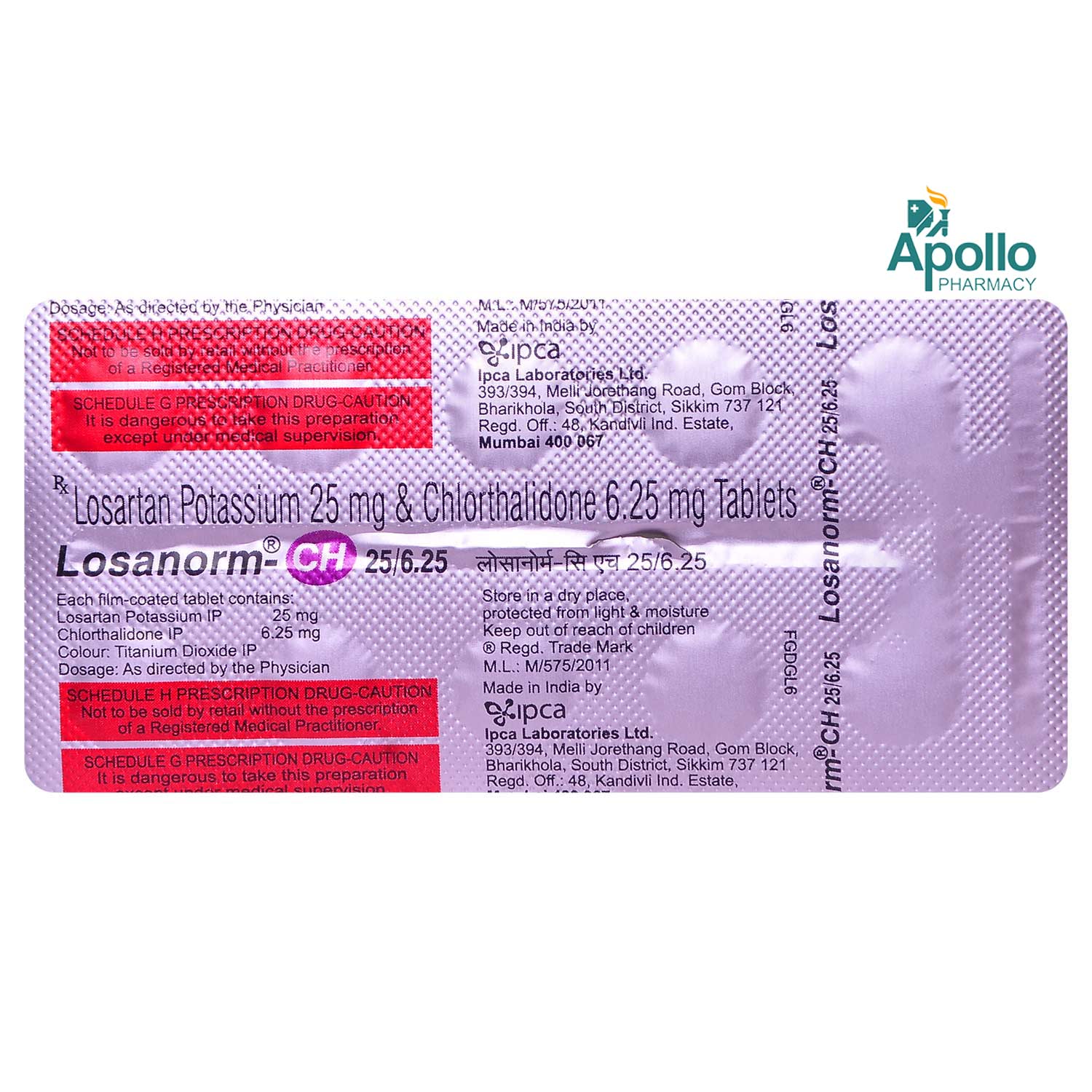Losanorm-CH 25 mg/6.25 mg Tablet 10's, Pack of 10 TabletS Losanorm-CH 25 mg/6.25 mg Tablet 10's, Pack of 10 TabletS