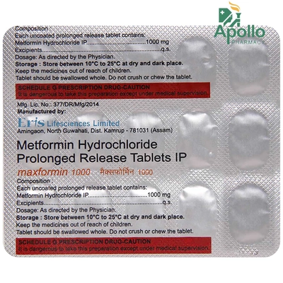 MAXFORMIN 1000MG TABLET, Pack of 15 TABLETS