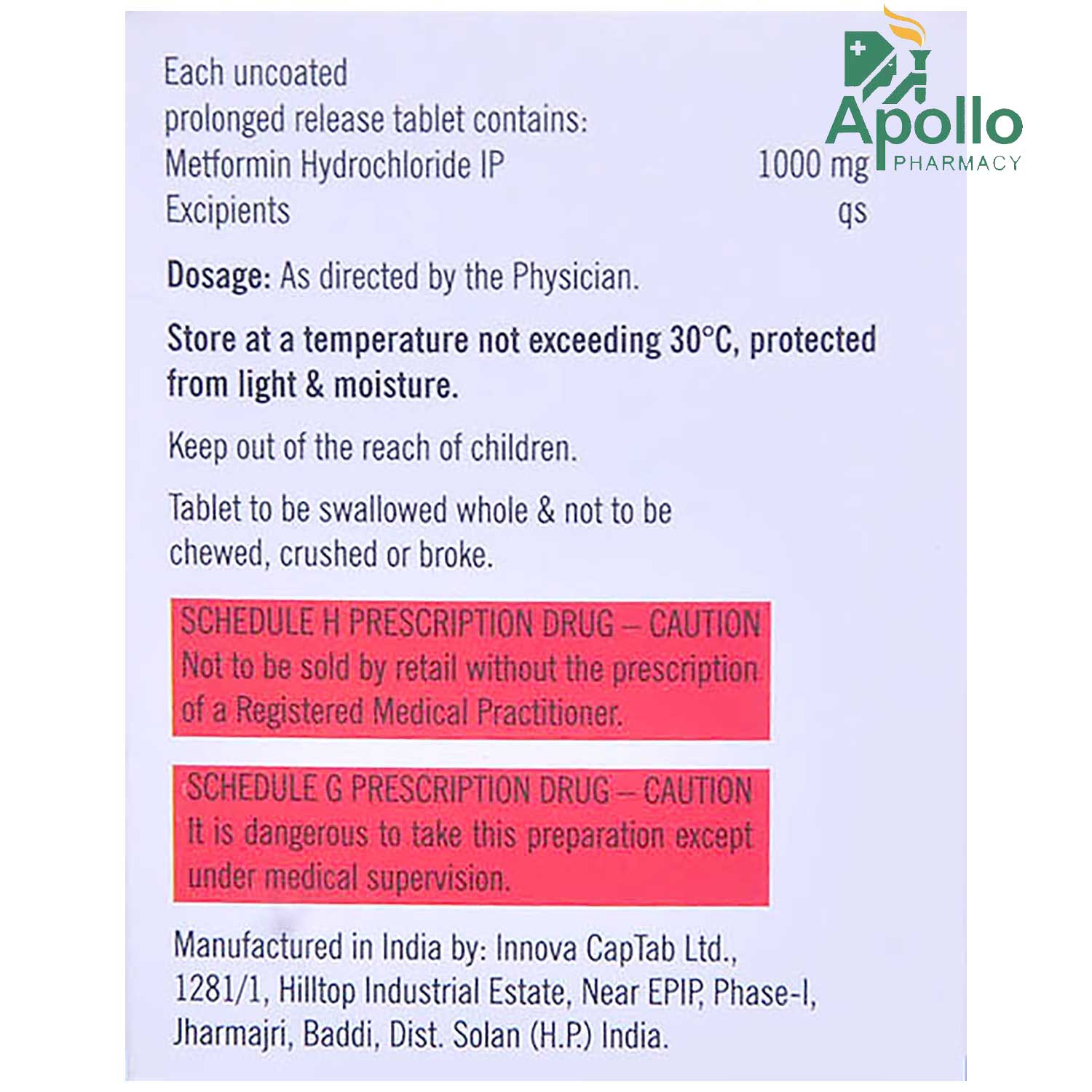 Metform SR 1000 Tablet 10's, Pack of 10 TabletS Metform SR 1000 Tablet 10's, Pack of 10 TabletS