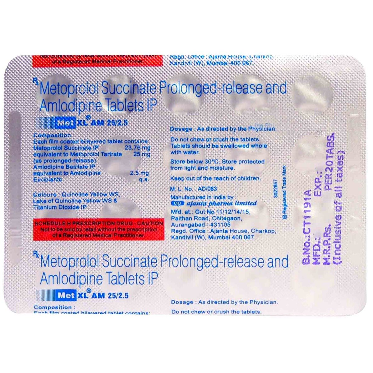Met XL AM 25/2.5 Tablet 20's, Pack of 20 TABLETS Met XL AM 25/2.5 Tablet 20's, Pack of 20 TABLETS