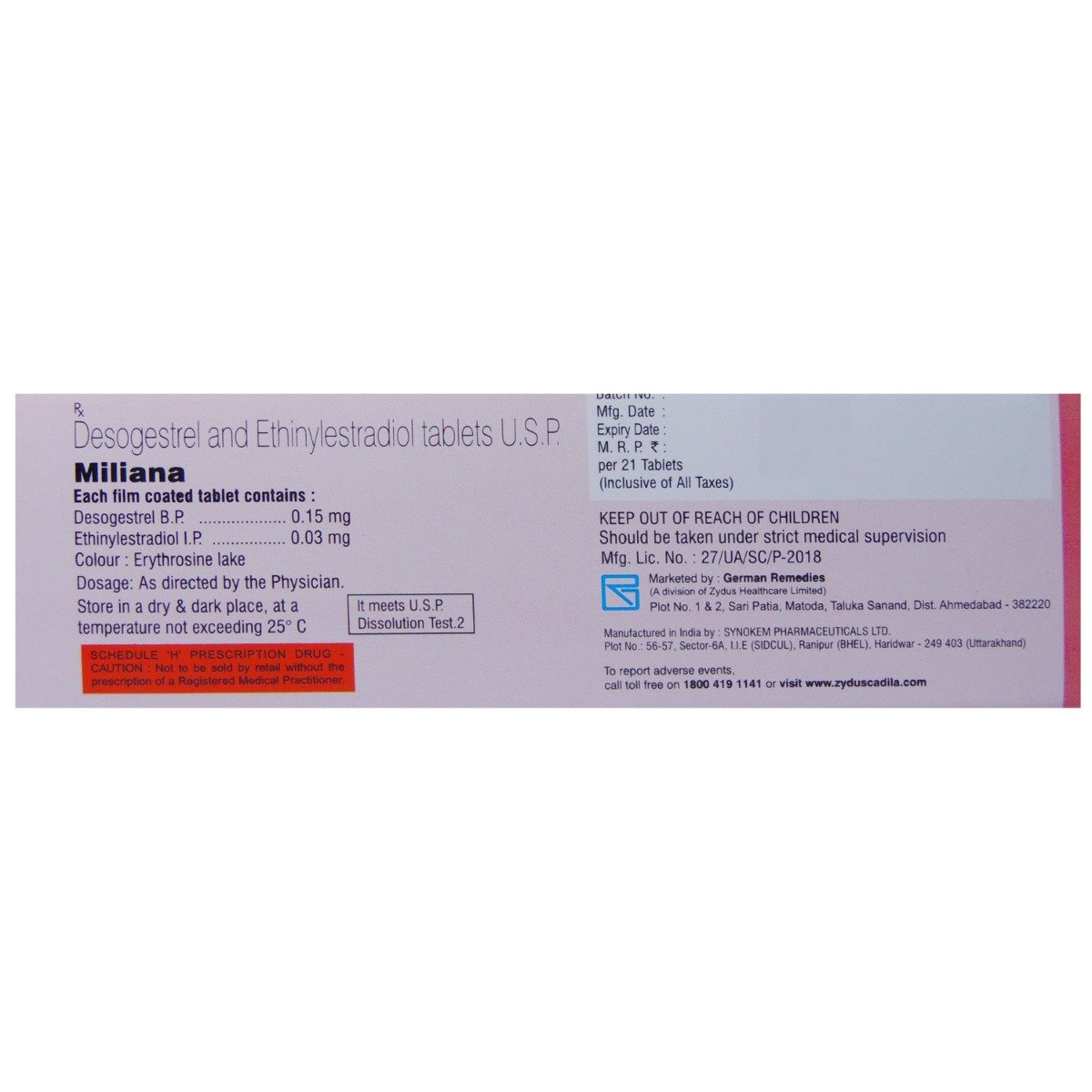 Miliana Tablet 21's, Pack of 1 TABLET Miliana Tablet 21's, Pack of 1 TABLET