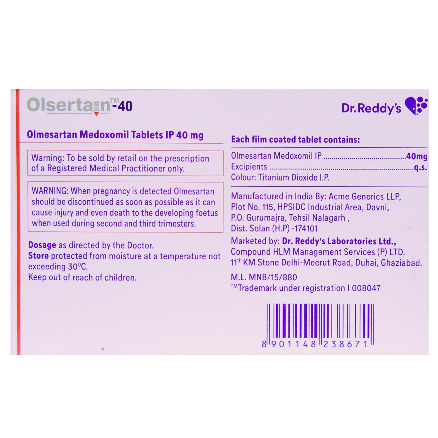 Olsertain 40 mg Tablet 15's, Pack of 15 TABLETS Olsertain 40 mg Tablet 15's, Pack of 15 TABLETS