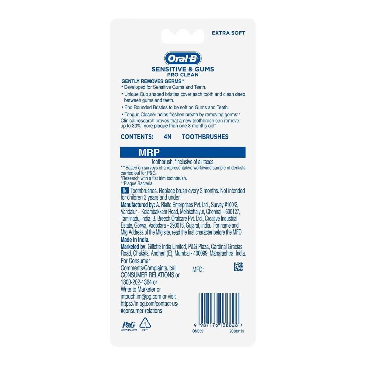 Oral-B Sensitive & Gums Pro Clean Extra Soft Toothbrush, 4 Count, Pack of 1 Oral-B Sensitive & Gums Pro Clean Extra Soft Toothbrush, 4 Count, Pack of 1