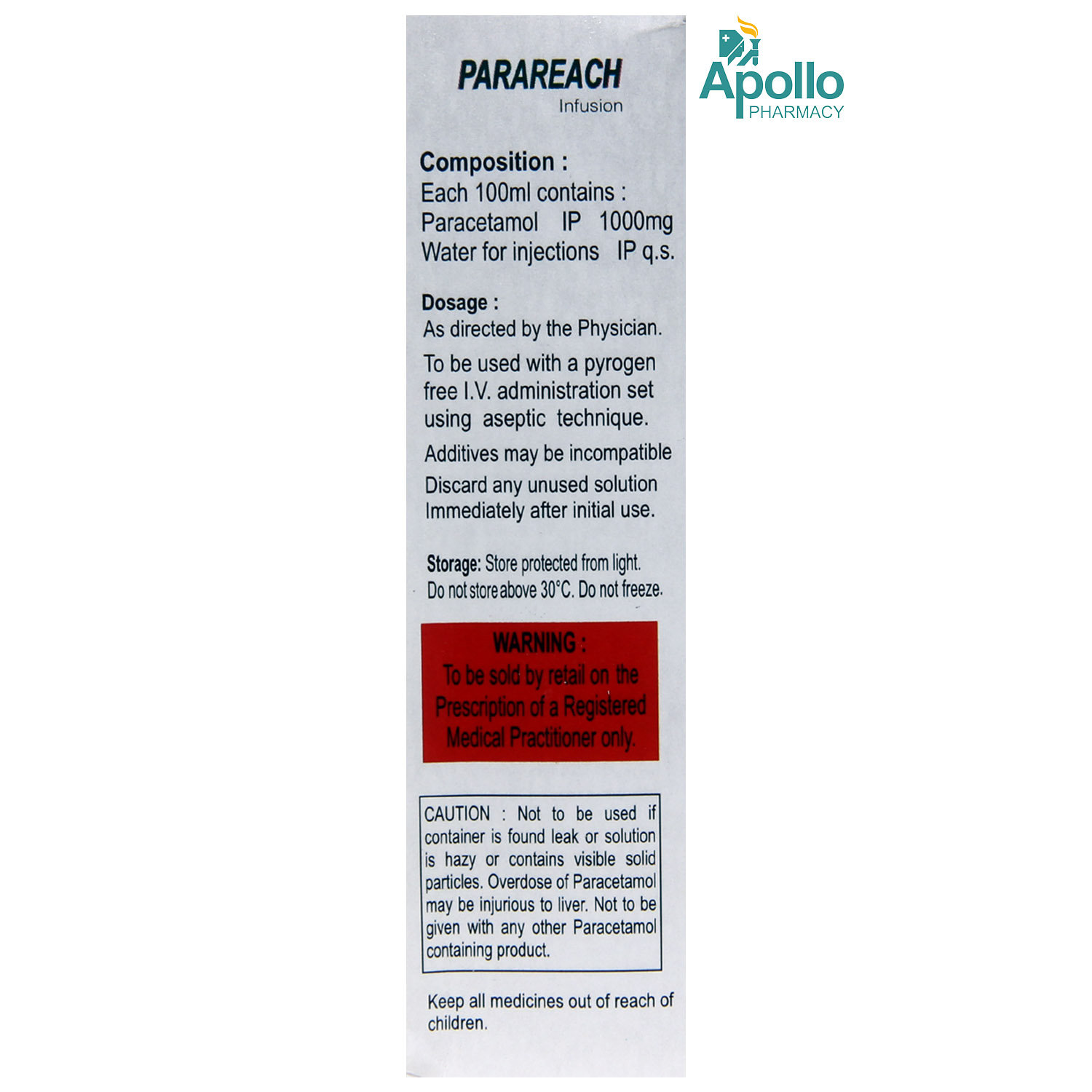 Parareach Iv Vial 1000mg/100ml, Pack of 1 INJECTION Parareach Iv Vial 1000mg/100ml, Pack of 1 INJECTION
