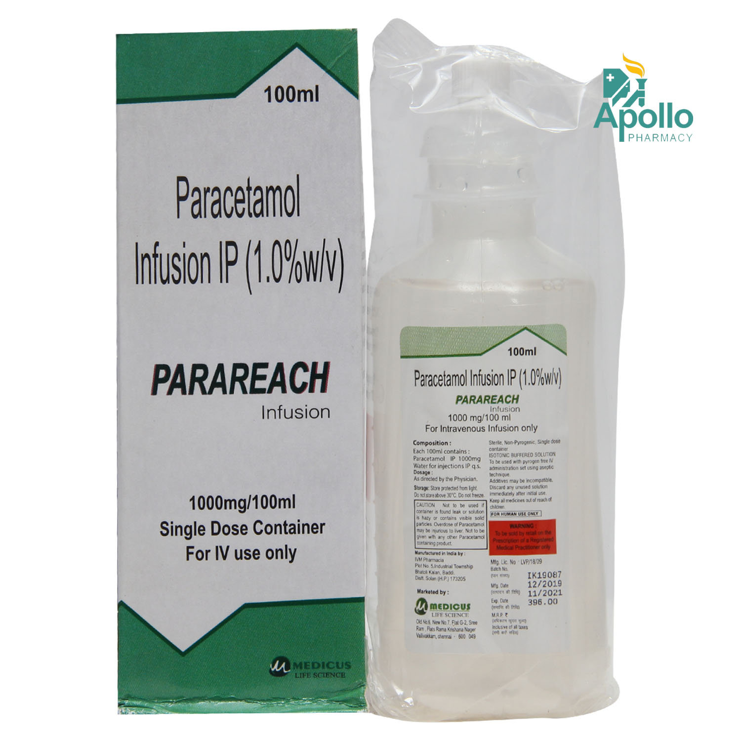 Parareach Iv Vial 1000mg/100ml, Pack of 1 INJECTION Parareach Iv Vial 1000mg/100ml, Pack of 1 INJECTION