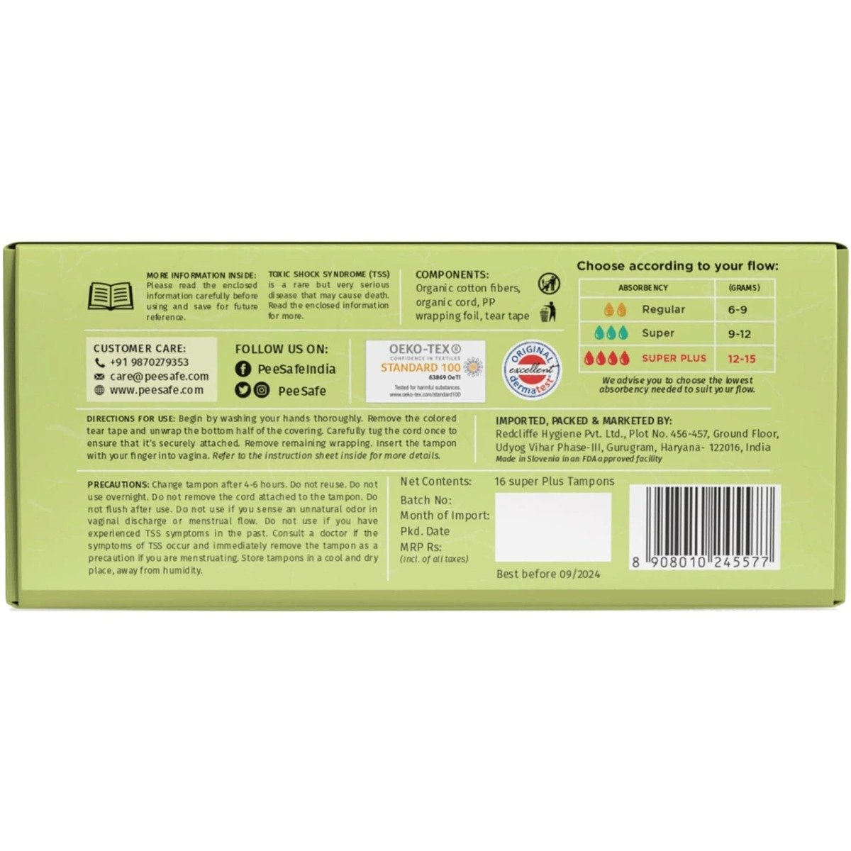 Pee Safe 100% Organic Cotton Biodegradable Super Plus Tampons, 16 Count, Pack of 1 Pee Safe 100% Organic Cotton Biodegradable Super Plus Tampons, 16 Count, Pack of 1