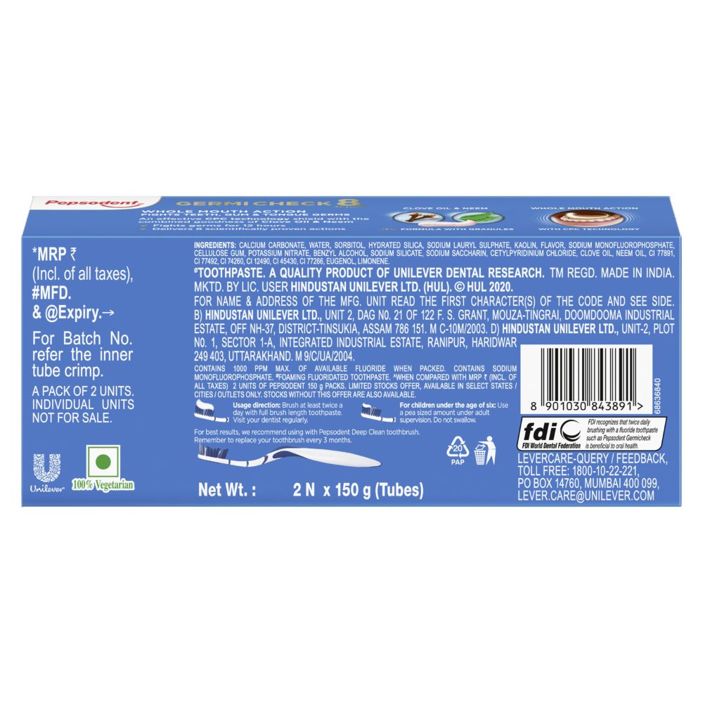 Pepsodent Germi Check 8 Actions Toothpaste, 300 gm (2x150 gm), Pack of 1 Pepsodent Germi Check 8 Actions Toothpaste, 300 gm (2x150 gm), Pack of 1