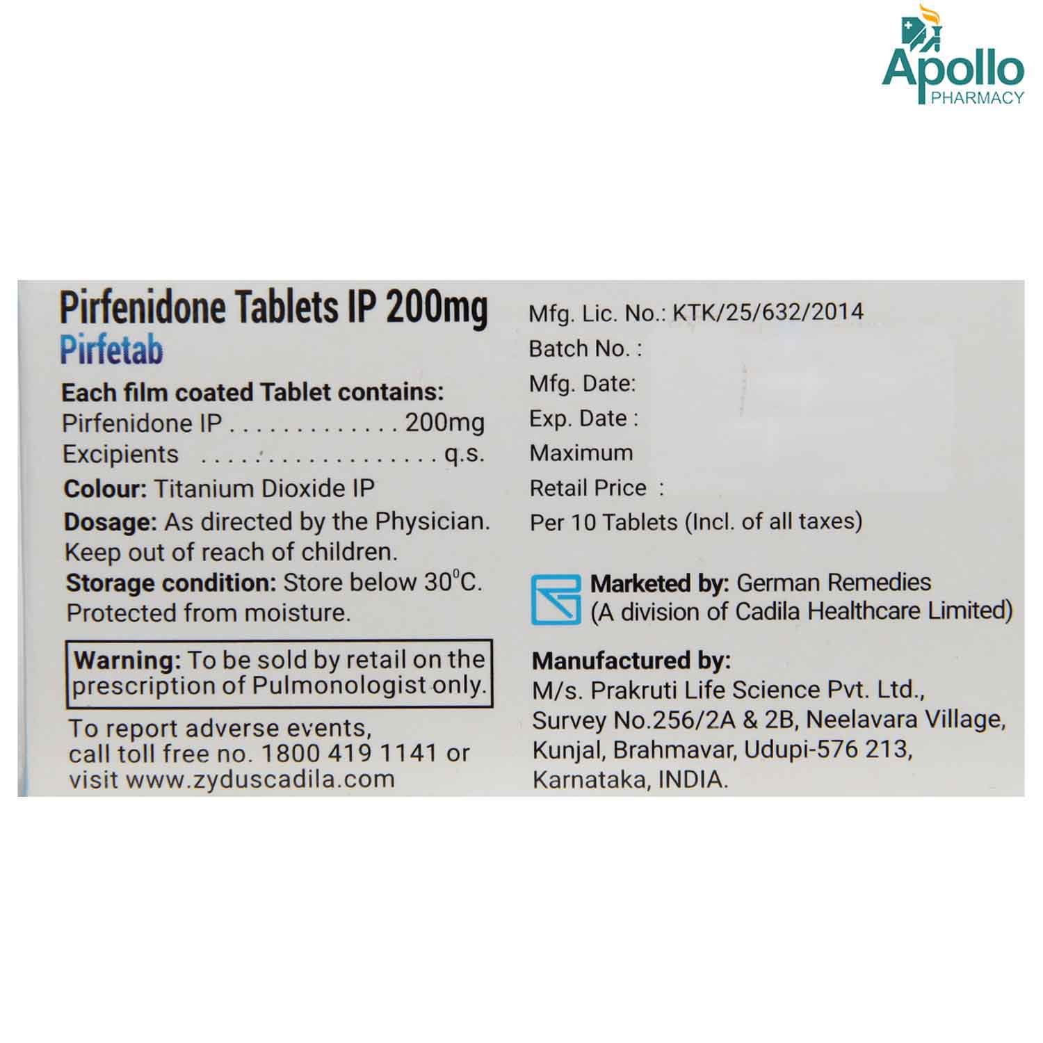 Pirfetab 200 Tablet 10's, Pack of 10 TABLETS Pirfetab 200 Tablet 10's, Pack of 10 TABLETS