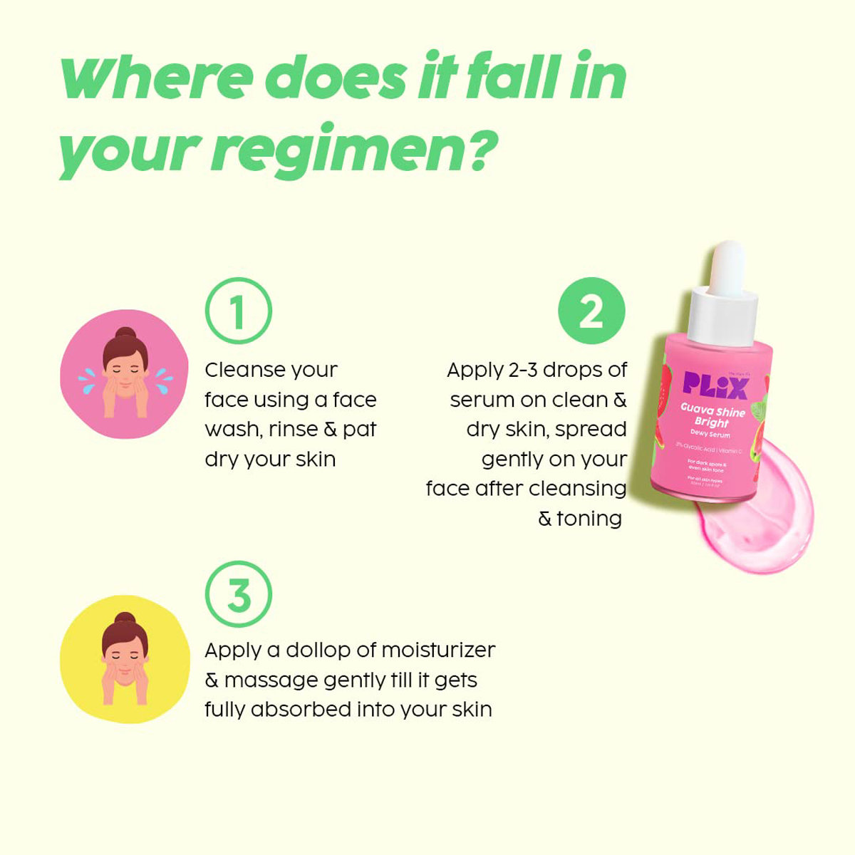 Plix Guava Shine Bright Dewy Serum 30 ml | 3% Glycolic Acid & Vitamin C | Lightens Dark Spots | Evens Skin Tone | For All Skin Type, Pack of 1 Plix Guava Shine Bright Dewy Serum 30 ml | 3% Glycolic Acid & Vitamin C | Lightens Dark Spots | Evens Skin Tone | For All Skin Type, Pack of 1