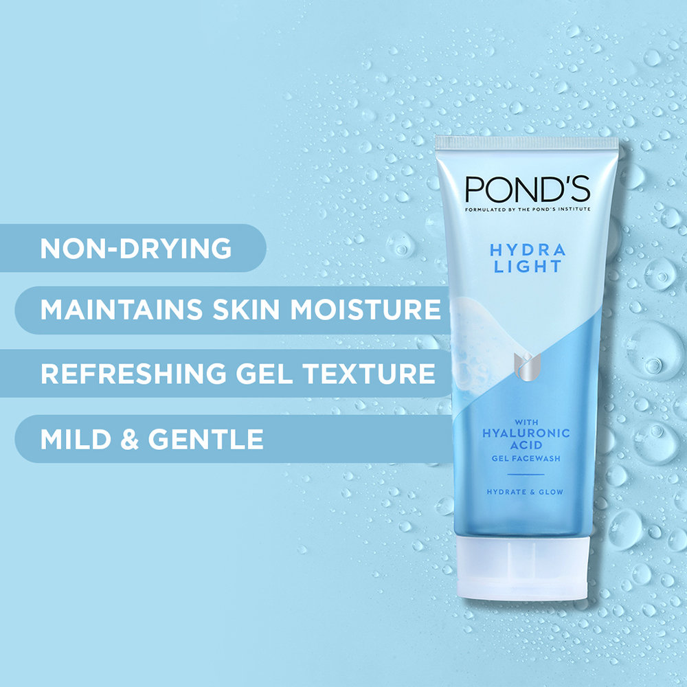 Pond's Hydralight Gel Face Wash 100 gm | With Hyaluronic Acid | Hydrates Skin | Gentle Cleansing | For Glowing & Hydrated Skin | Non Drying, Pack of 1 Pond's Hydralight Gel Face Wash 100 gm | With Hyaluronic Acid | Hydrates Skin | Gentle Cleansing | For Glowing & Hydrated Skin | Non Drying, Pack of 1