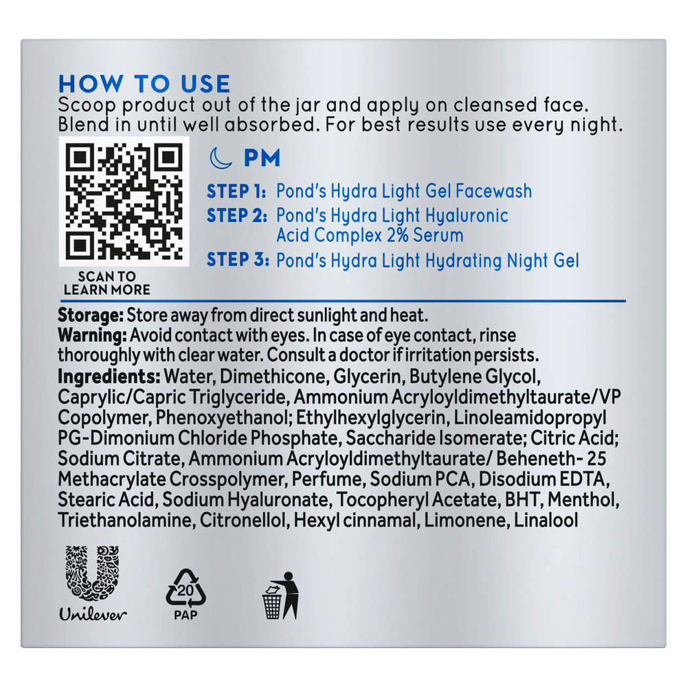 Pond's Hydralight Hyaluronic Acid Hydrating Night Gel 50 gm | Hyaluronic Acid & Pentavitin | Plumps Skin For 72 Hrs | Reduces Moisture Loss, Pack of 1 Pond's Hydralight Hyaluronic Acid Hydrating Night Gel 50 gm | Hyaluronic Acid & Pentavitin | Plumps Skin For 72 Hrs | Reduces Moisture Loss, Pack of 1