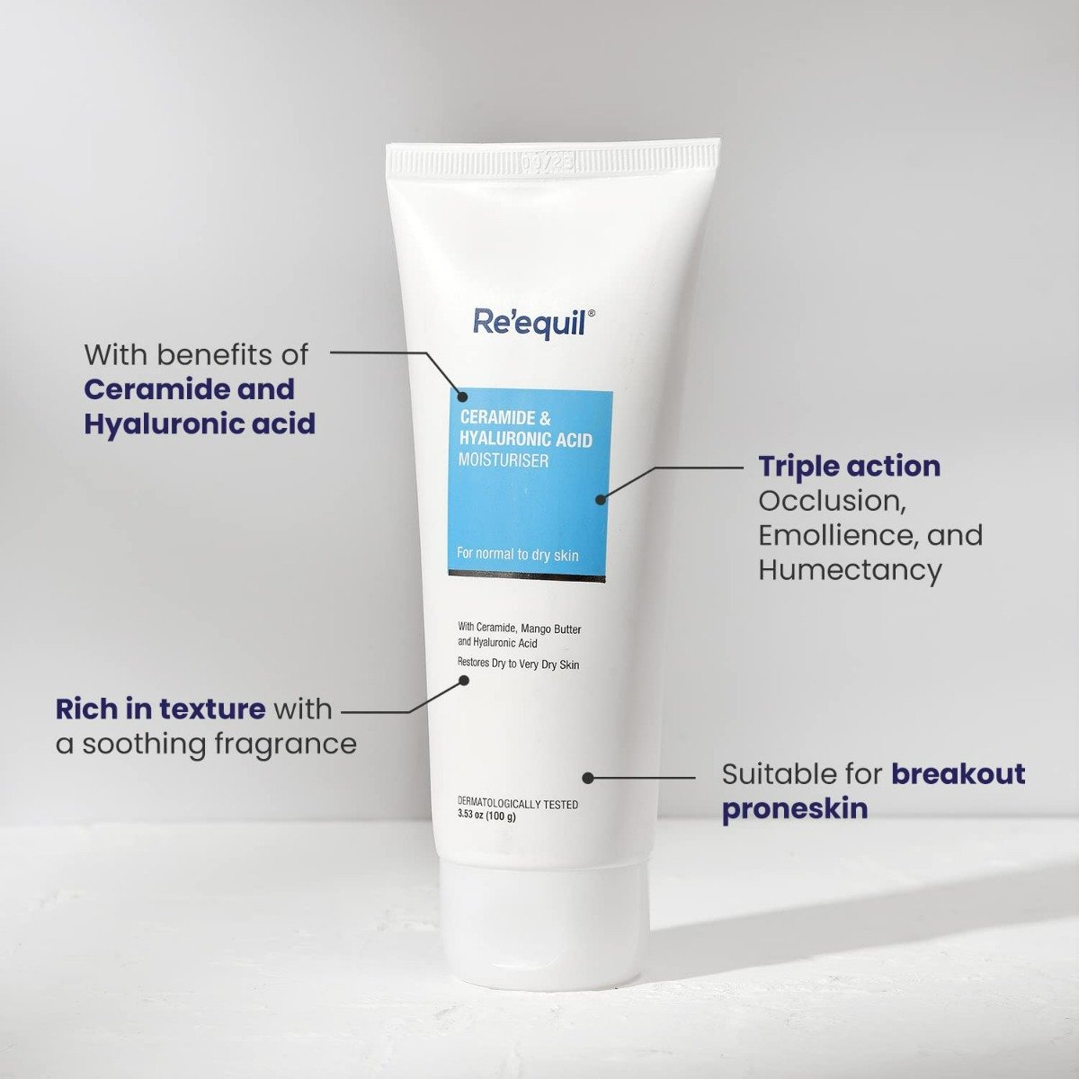 Re'equil Ceramide & Hyaluronic Acid Moisturiser 100 gm | With Ceramide, Mango Butter & Hyaluronic Acid | Locks In Moisture | Restores Dry Skin To Very Dry Skin | For Normal To Dry Skin, Pack of 1 Re'equil Ceramide & Hyaluronic Acid Moisturiser 100 gm | With Ceramide, Mango Butter & Hyaluronic Acid | Locks In Moisture | Restores Dry Skin To Very Dry Skin | For Normal To Dry Skin, Pack of 1