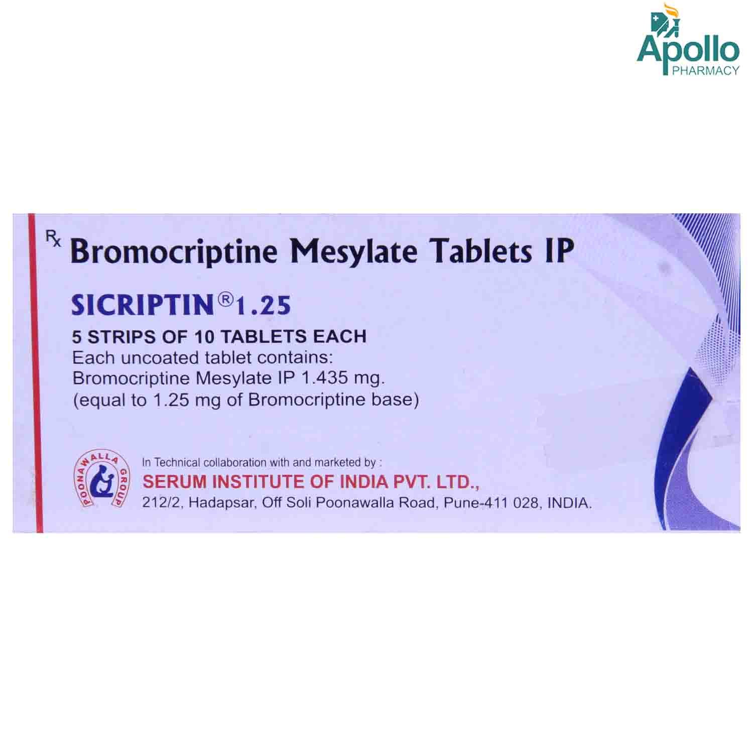 Sicriptin 1.25 Tablet 10's, Pack of 10 TabletS Sicriptin 1.25 Tablet 10's, Pack of 10 TabletS