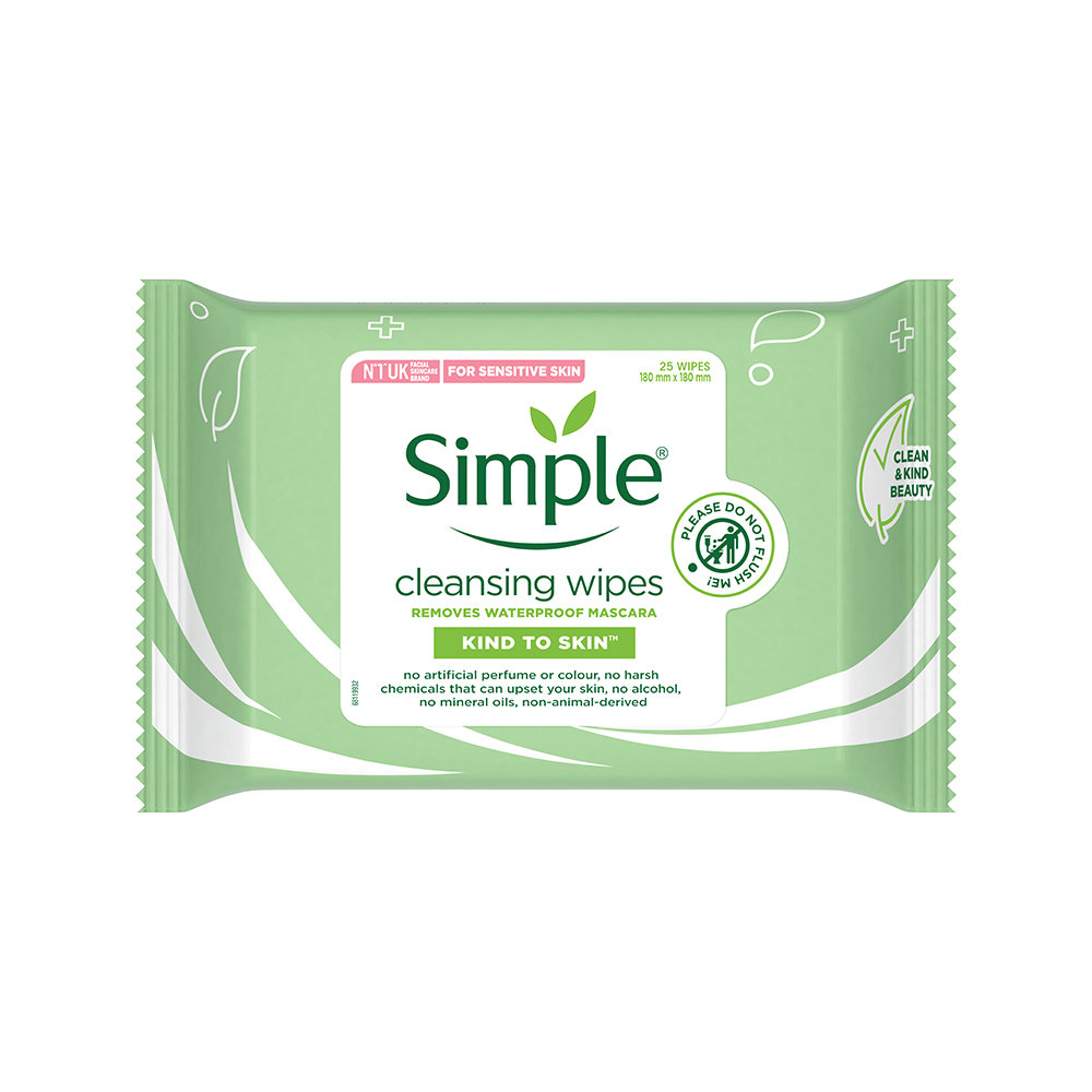 Simple Kind To Skin Cleansing Facial Wipes 25 Wipes | Instantly Removes Waterproof Mascara | Gently Cleanses Make-Up & Dirt | For Sensitive Skin, Pack of 1 Simple Kind To Skin Cleansing Facial Wipes 25 Wipes | Instantly Removes Waterproof Mascara | Gently Cleanses Make-Up & Dirt | For Sensitive Skin, Pack of 1