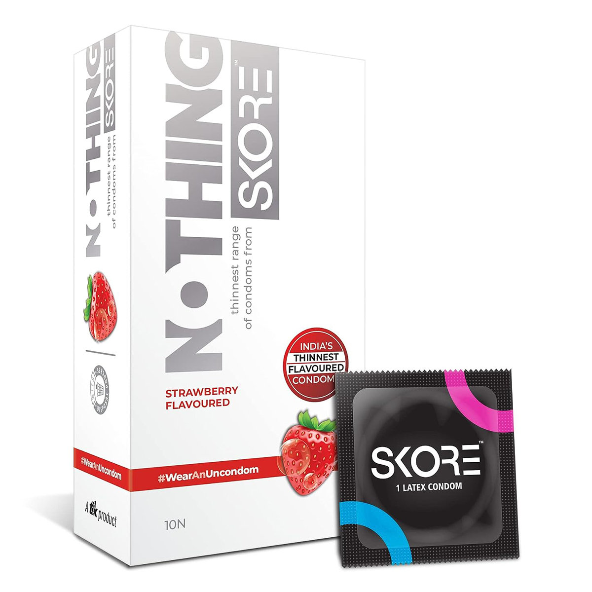Skore Nothing Strawberry Flavour Condoms, 10 Count, Pack of 1 Skore Nothing Strawberry Flavour Condoms, 10 Count, Pack of 1