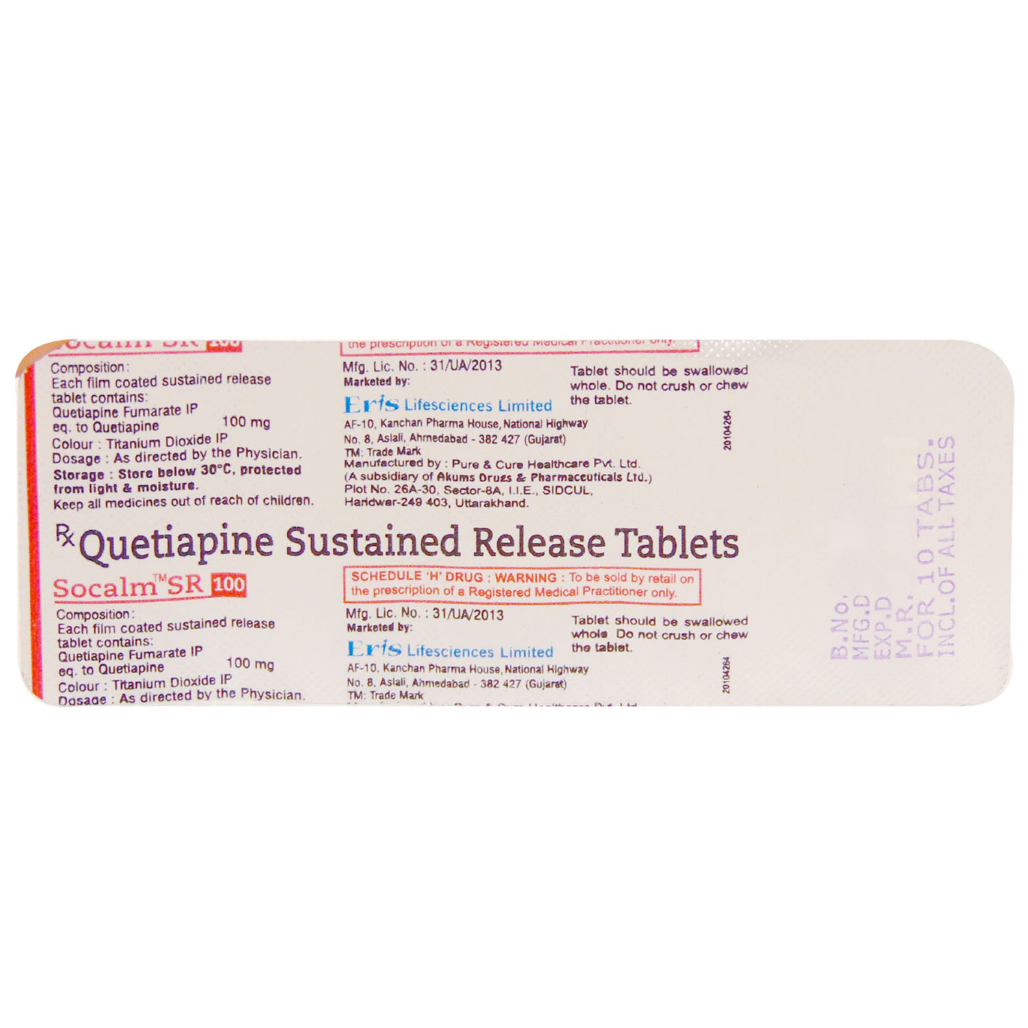 SOCALM SR 100MG TABLET, Pack of 10 TABLETS SOCALM SR 100MG TABLET, Pack of 10 TABLETS