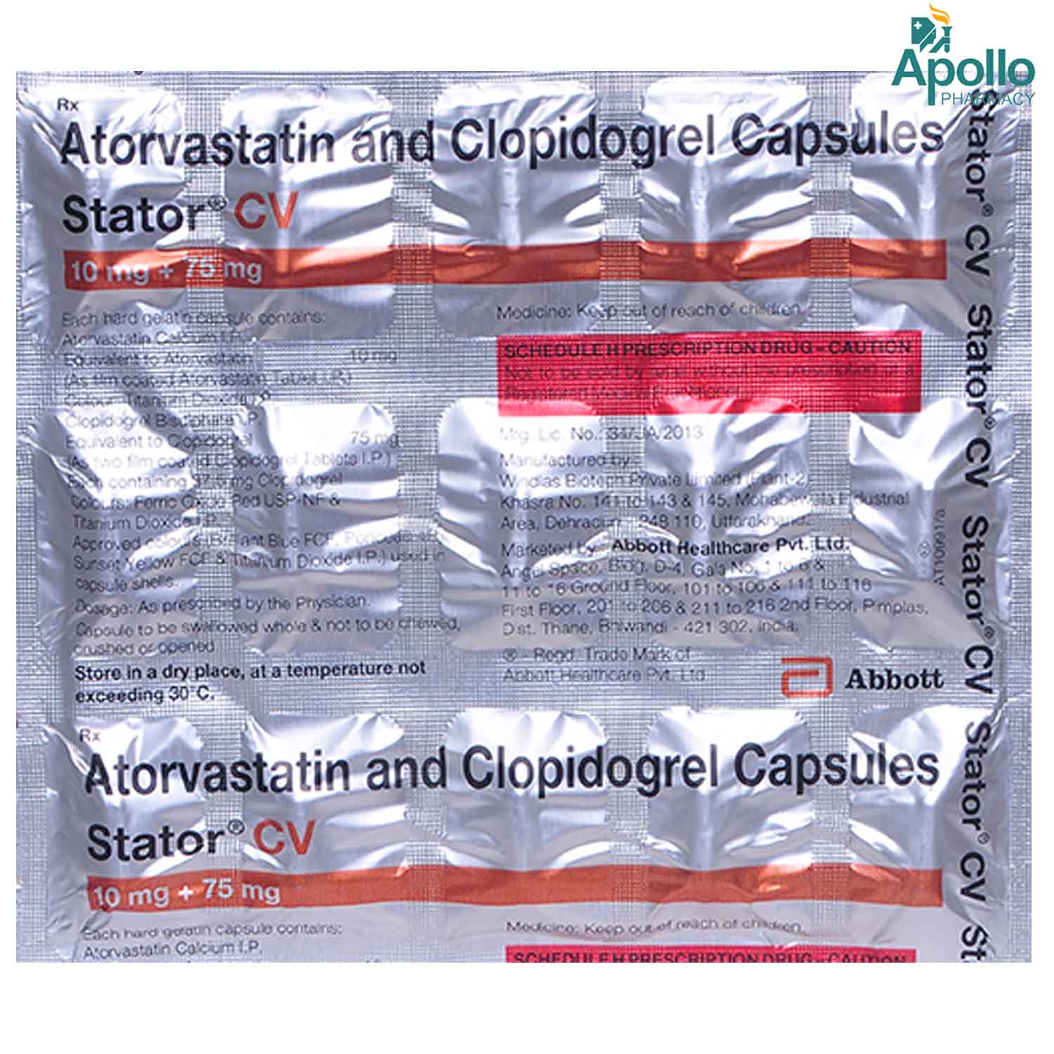 Stator CV 10 mg/75 mg Capsule 15's, Pack of 15 CAPSULES Stator CV 10 mg/75 mg Capsule 15's, Pack of 15 CAPSULES