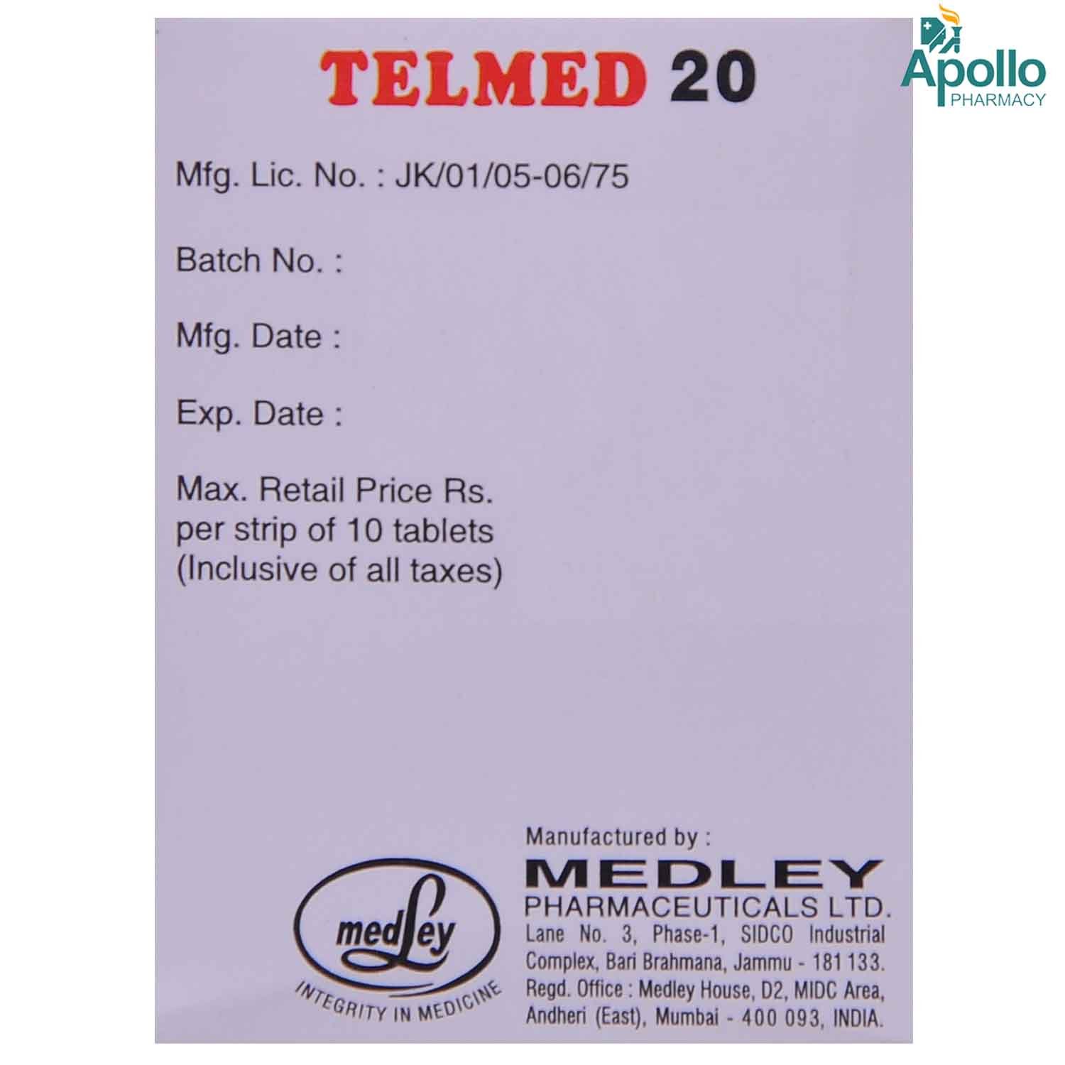 Telmed 20 Tablet 10's, Pack of 10 TABLETS Telmed 20 Tablet 10's, Pack of 10 TABLETS
