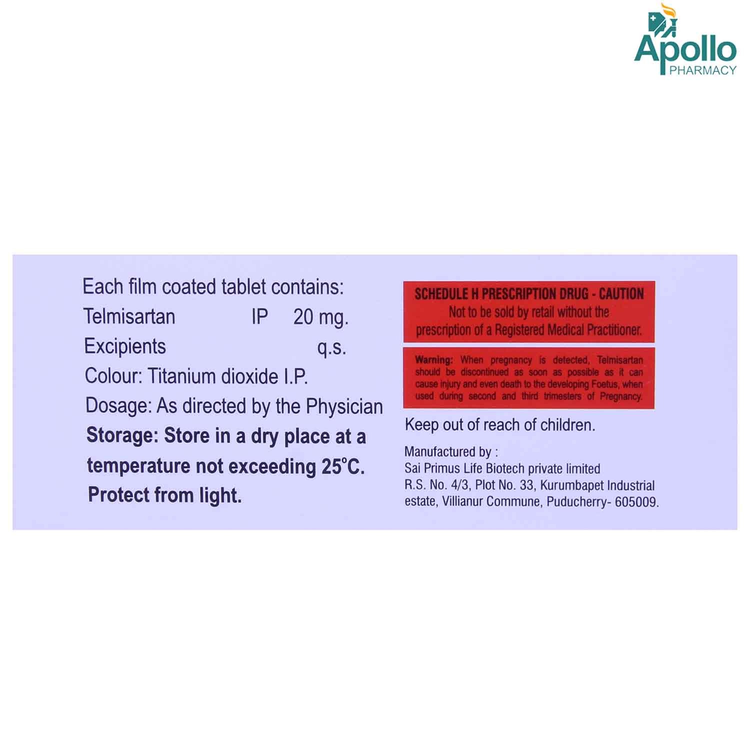 Telmiprime-20 Tablet 10's, Pack of 10 TABLETS Telmiprime-20 Tablet 10's, Pack of 10 TABLETS