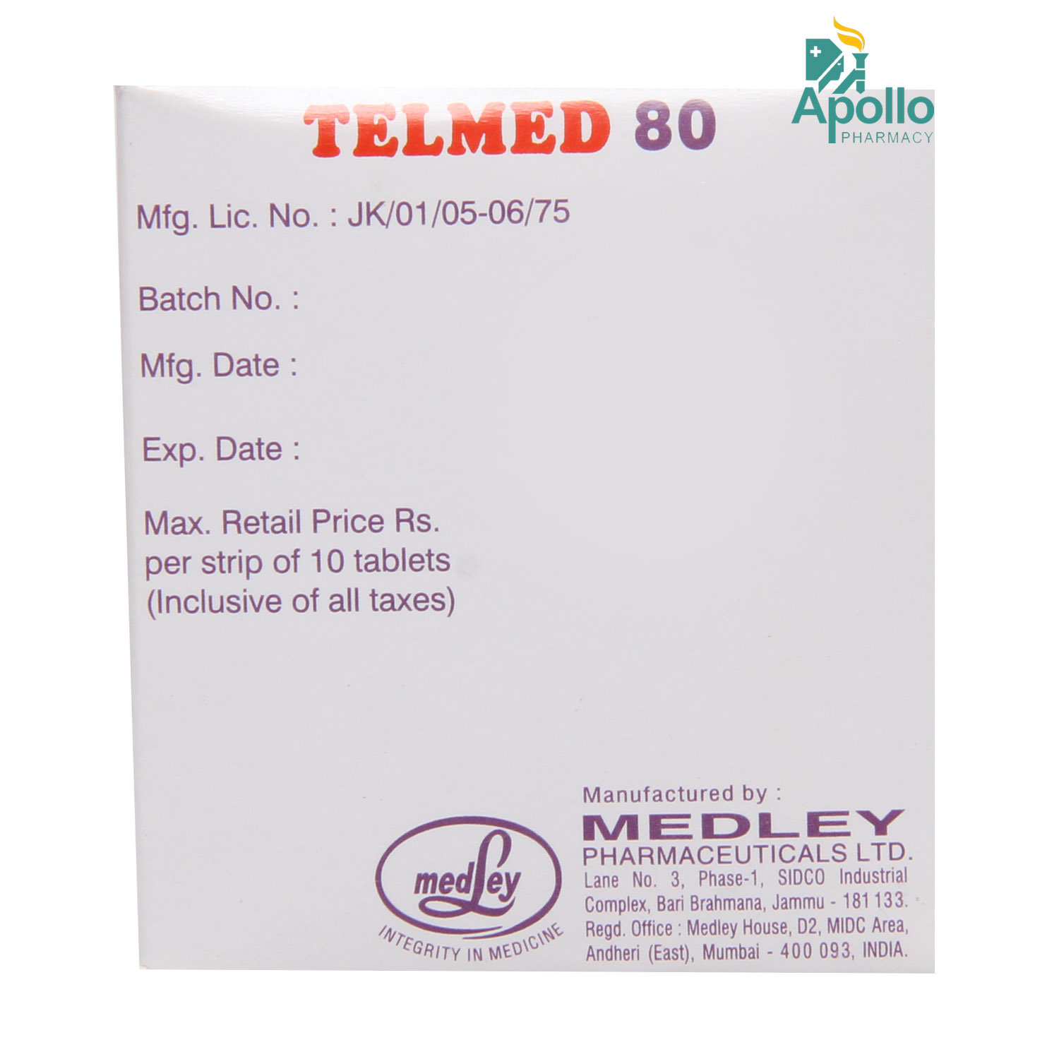 Telmed 80 Tablet 10's, Pack of 10 TABLETS Telmed 80 Tablet 10's, Pack of 10 TABLETS