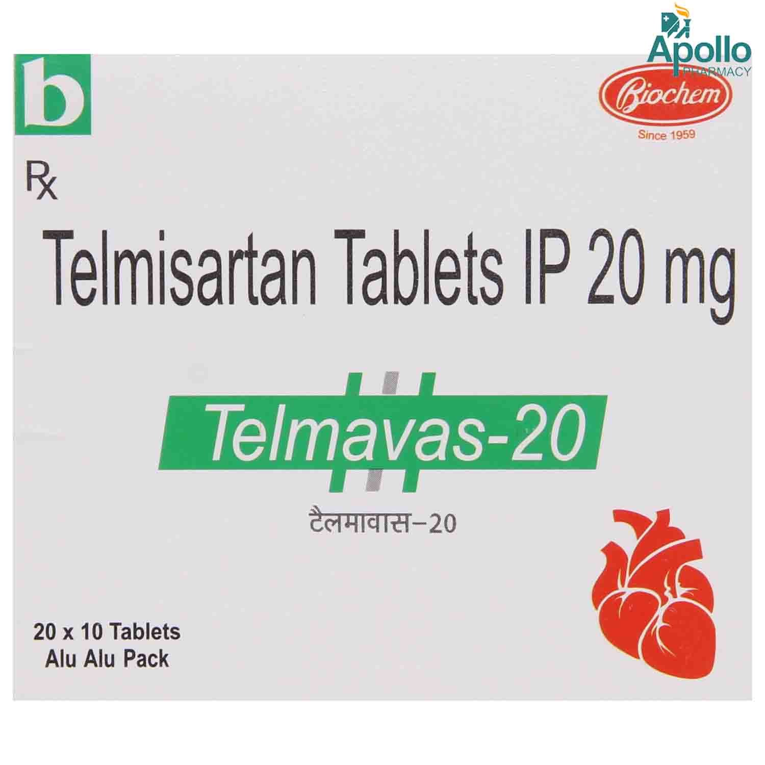 Telmavas 20 Tablet 10's, Pack of 10 TabletS Telmavas 20 Tablet 10's, Pack of 10 TabletS
