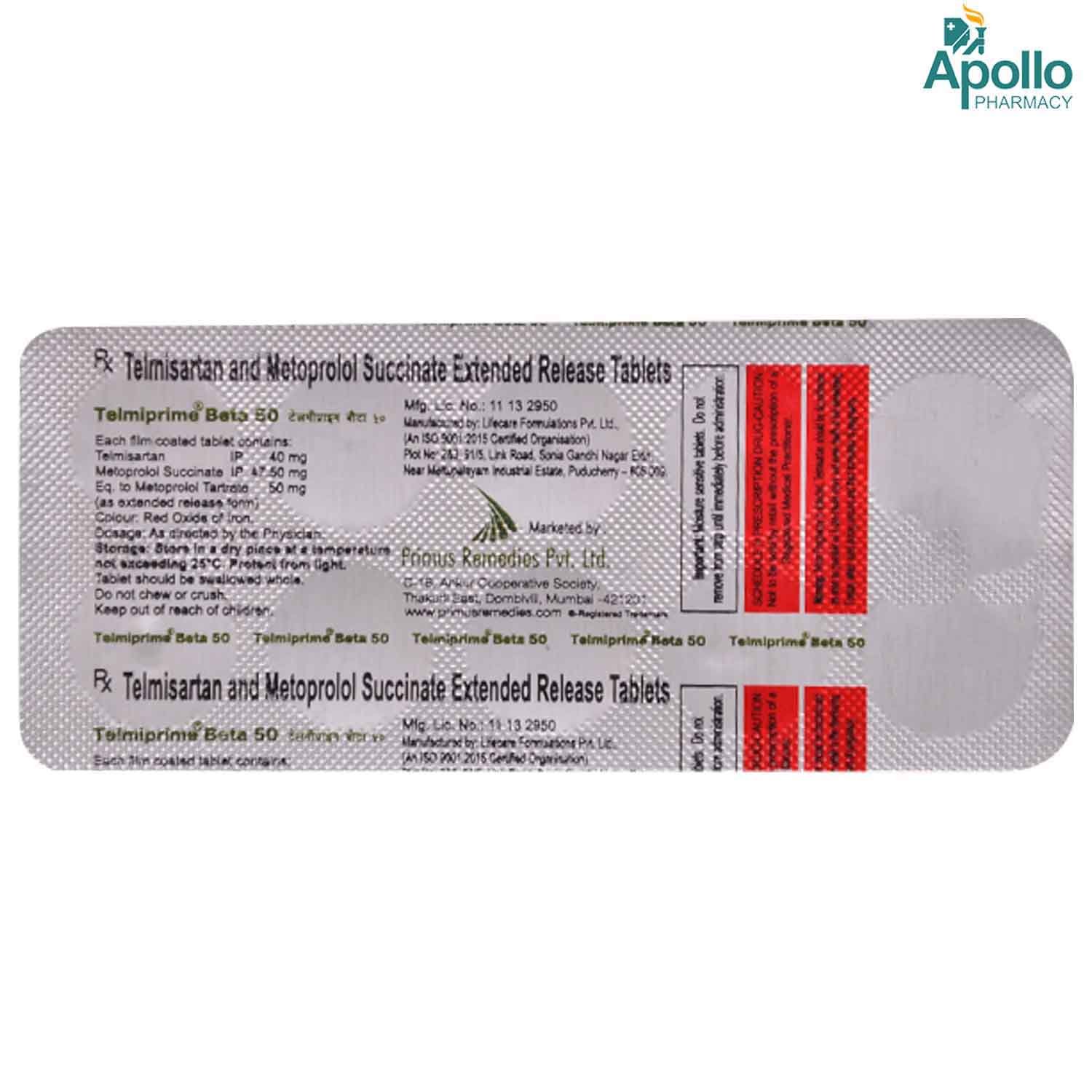 Telmiprime Beta 50 Tablet 10's, Pack of 10 TABLETS Telmiprime Beta 50 Tablet 10's, Pack of 10 TABLETS