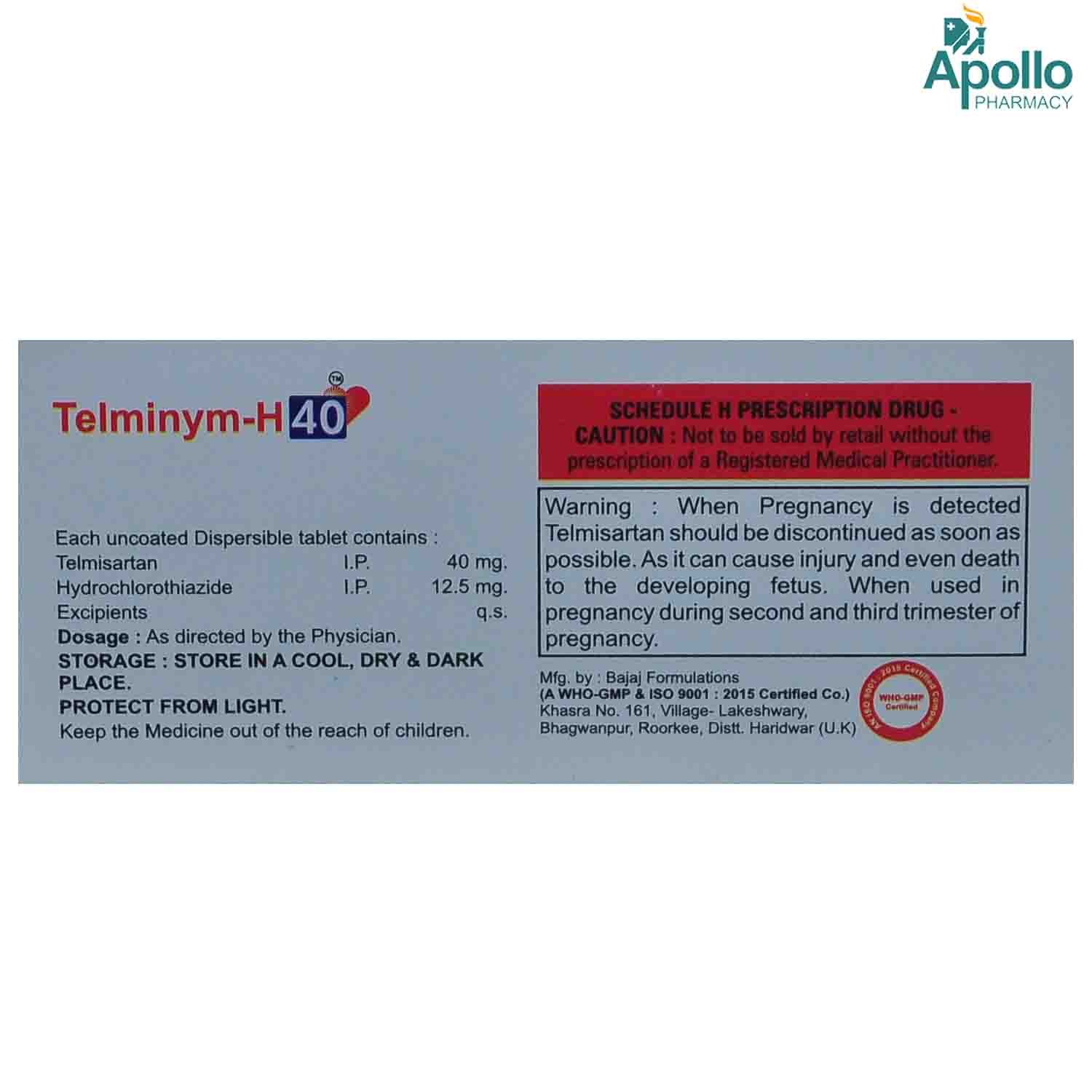 Telminym-H 40/12.5mg Tablet 10's, Pack of 10 TABLETS Telminym-H 40/12.5mg Tablet 10's, Pack of 10 TABLETS