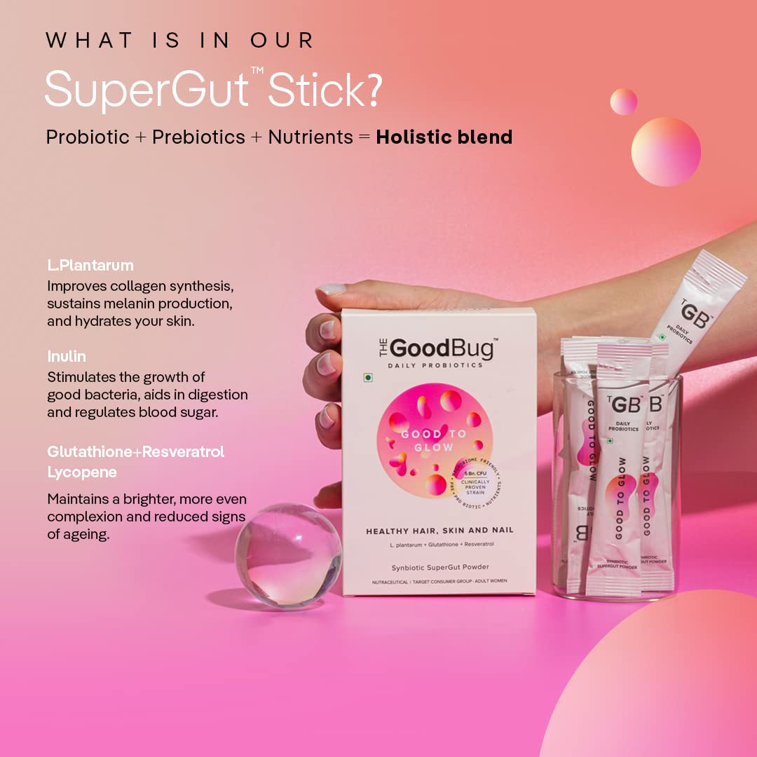 The Good Bug Good To Glow Synbiotic Supergut Powder for Healthy Hair, Skin & Nail, 3 gm x 15 Sachets, Pack of 1 The Good Bug Good To Glow Synbiotic Supergut Powder for Healthy Hair, Skin & Nail, 3 gm x 15 Sachets, Pack of 1