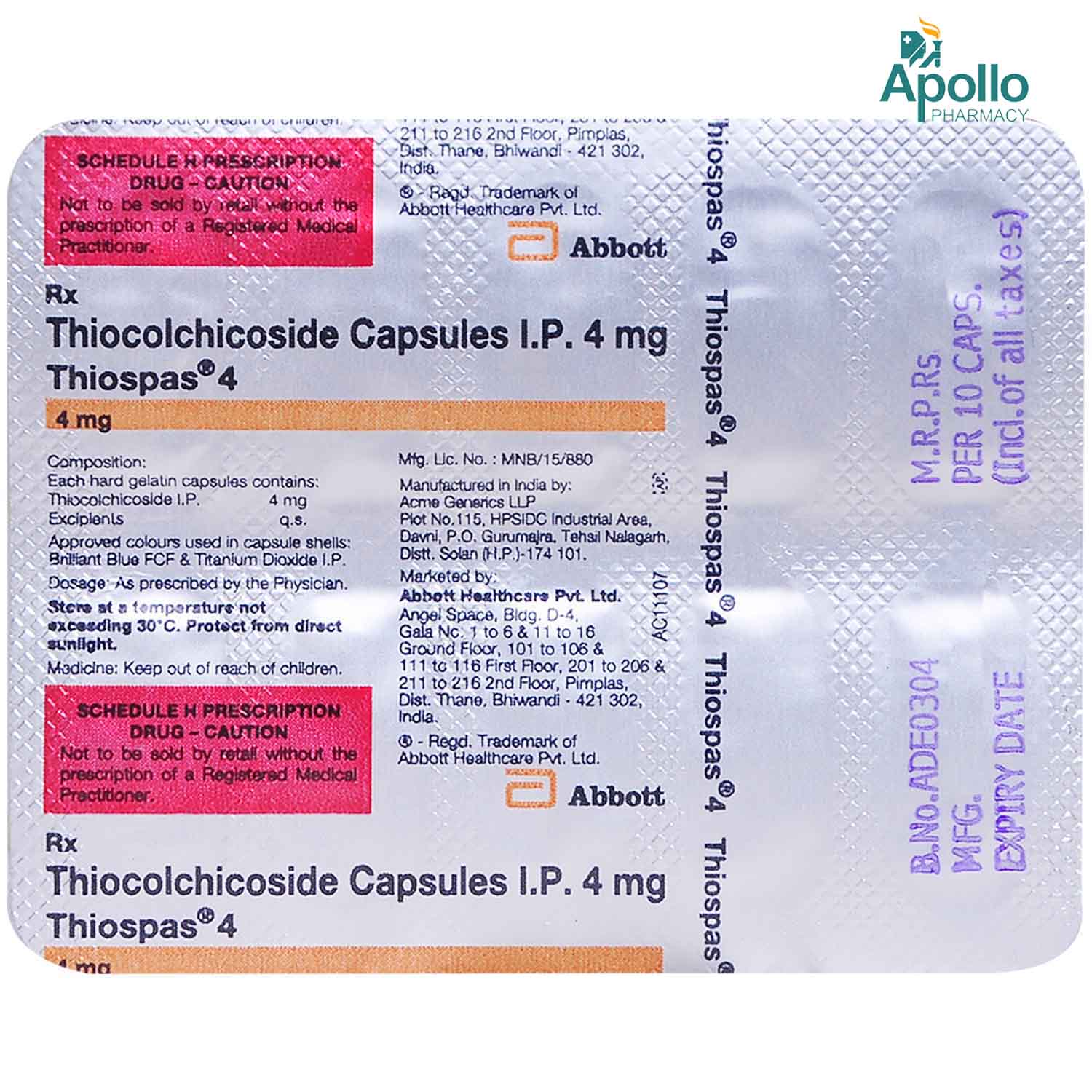 Thiospas 4 Capsule 10's, Pack of 10 CAPSULES Thiospas 4 Capsule 10's, Pack of 10 CAPSULES