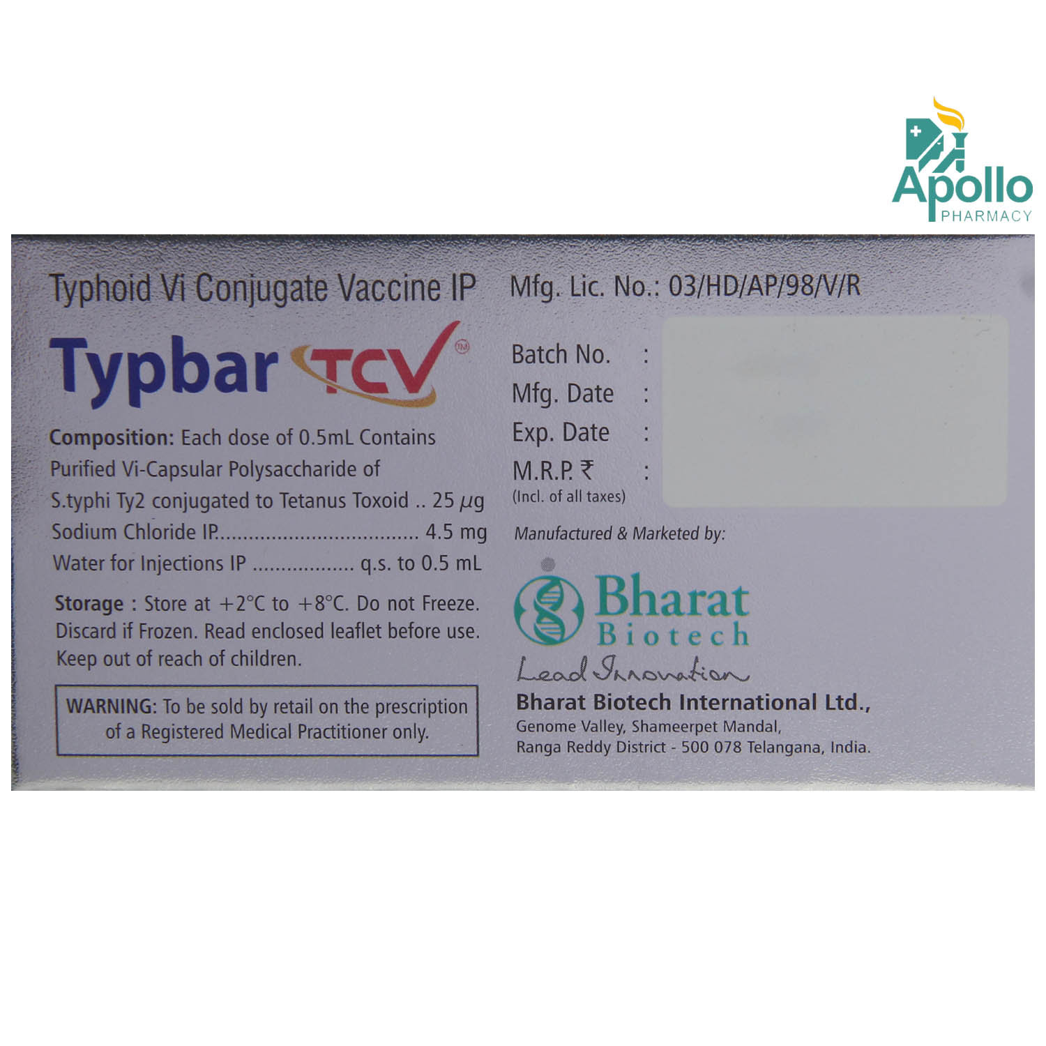 Typbar TCV Vaccine 0.5 ml, Pack of 1 INJECTION Typbar TCV Vaccine 0.5 ml, Pack of 1 INJECTION