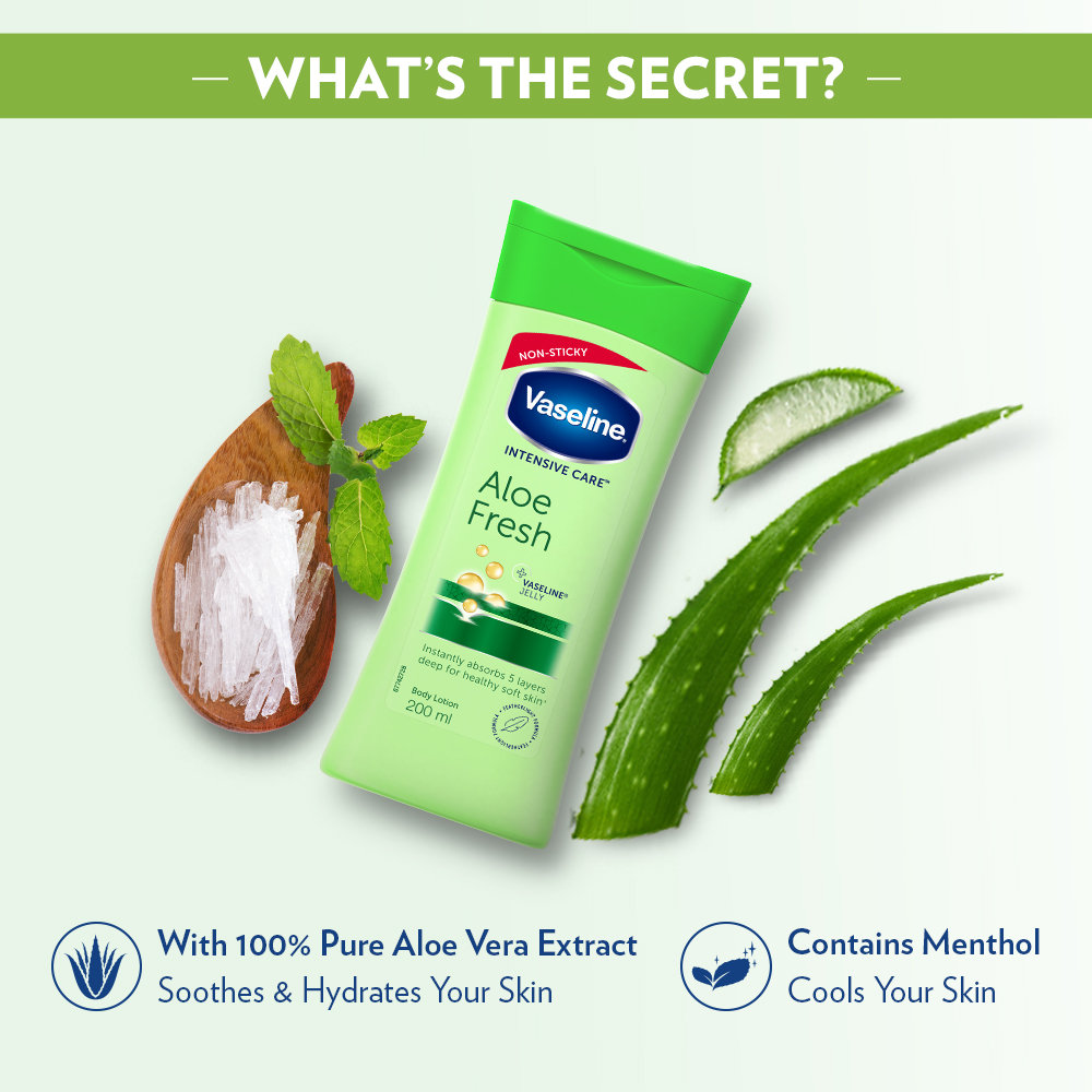 Vaseline Intensive Care Aloe Fresh Body Lotion 200 ml | With 100% Pure Aloe Vera Extract | Deeply Hydrates Skin In Harsh Summer | Non Greasy & Featurelight Fornula | For Dry Skin, Pack of 1 Vaseline Intensive Care Aloe Fresh Body Lotion 200 ml | With 100% Pure Aloe Vera Extract | Deeply Hydrates Skin In Harsh Summer | Non Greasy & Featurelight Fornula | For Dry Skin, Pack of 1