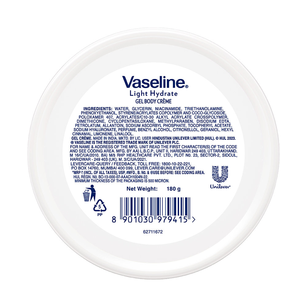 Vaseline Light Hydrate Gel Body Creme 180 gm | With Hyaluronic Acid & Vitamin C | Provides Hydration | For Radiant Glowing Skin, Pack of 1 Vaseline Light Hydrate Gel Body Creme 180 gm | With Hyaluronic Acid & Vitamin C | Provides Hydration | For Radiant Glowing Skin, Pack of 1