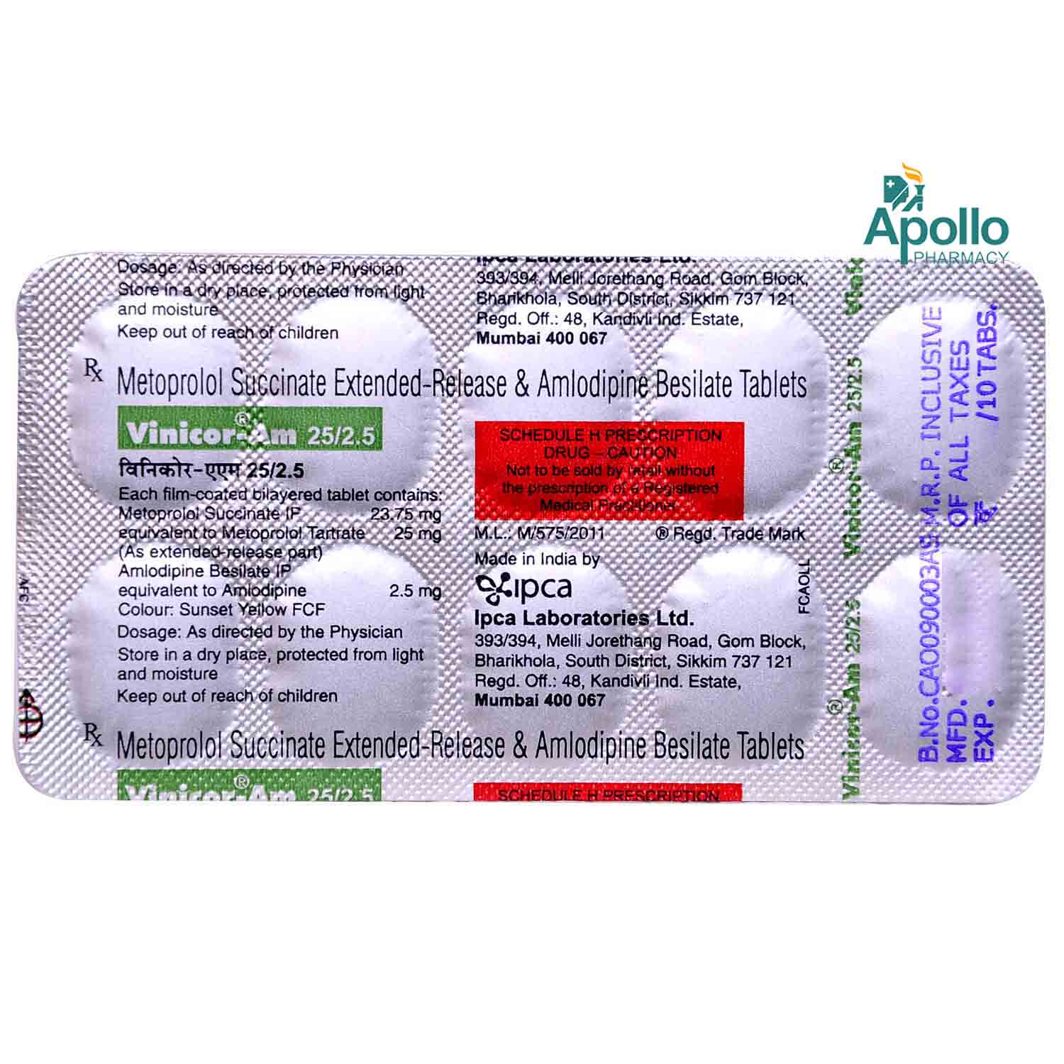 Vinicor-AM 25 mg/2.5 mg Tablet 10's, Pack of 10 TABLETS Vinicor-AM 25 mg/2.5 mg Tablet 10's, Pack of 10 TABLETS