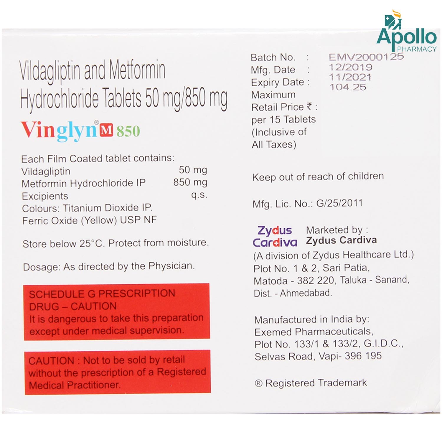 Vinglyn M 850 Tablet 15's, Pack of 15 TabletS Vinglyn M 850 Tablet 15's, Pack of 15 TabletS