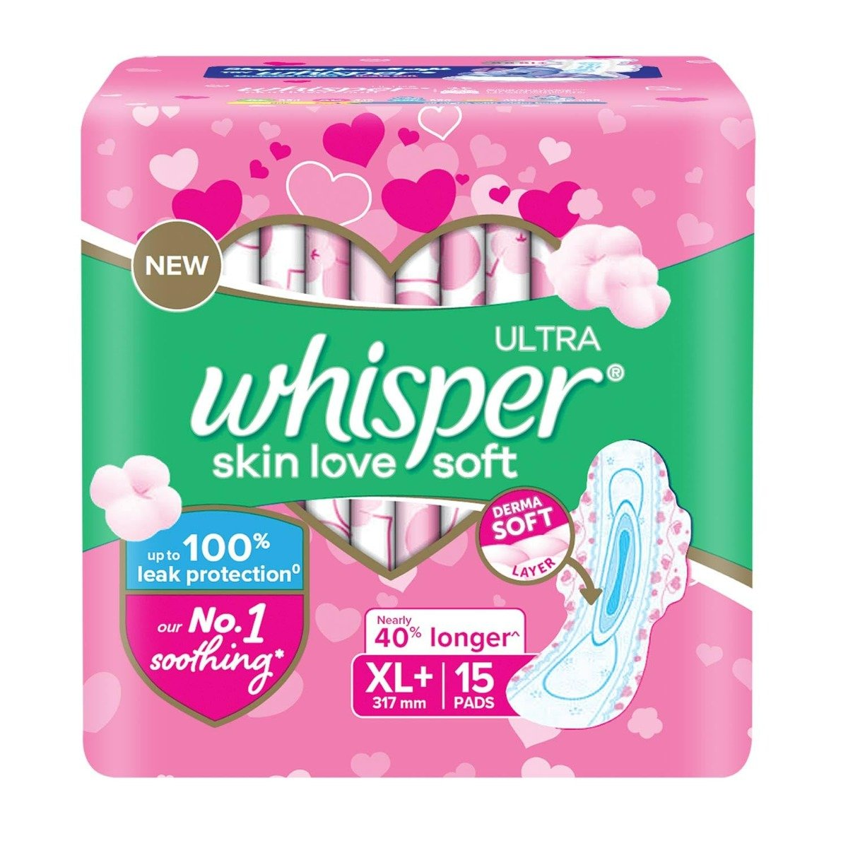 Whisper Ultra Skin Love Soft Sanitary Pads XL+, 15 Count, Pack of 1 Whisper Ultra Skin Love Soft Sanitary Pads XL+, 15 Count, Pack of 1