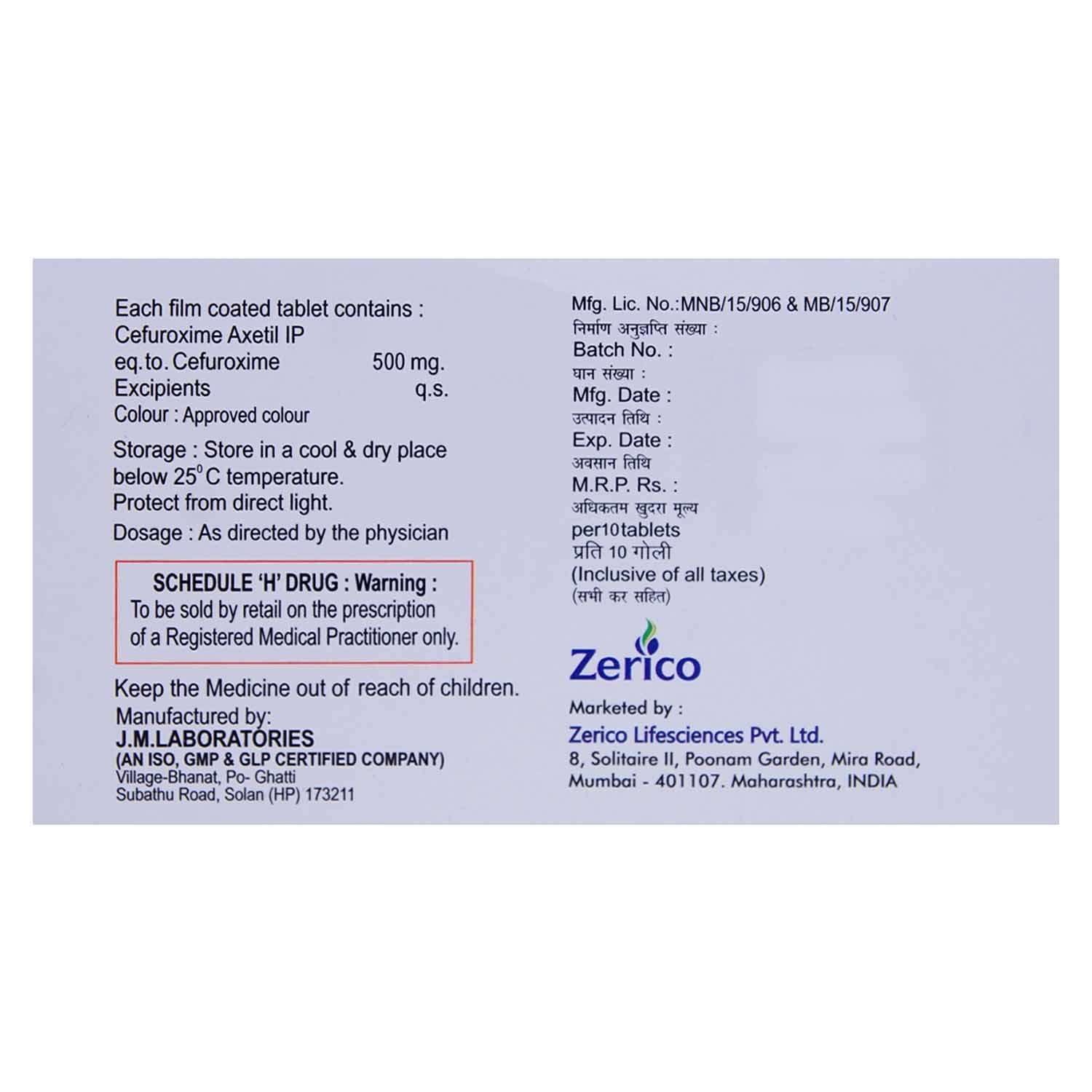 Zericef-500 Tablet 10's, Pack of 10 TABLETS Zericef-500 Tablet 10's, Pack of 10 TABLETS