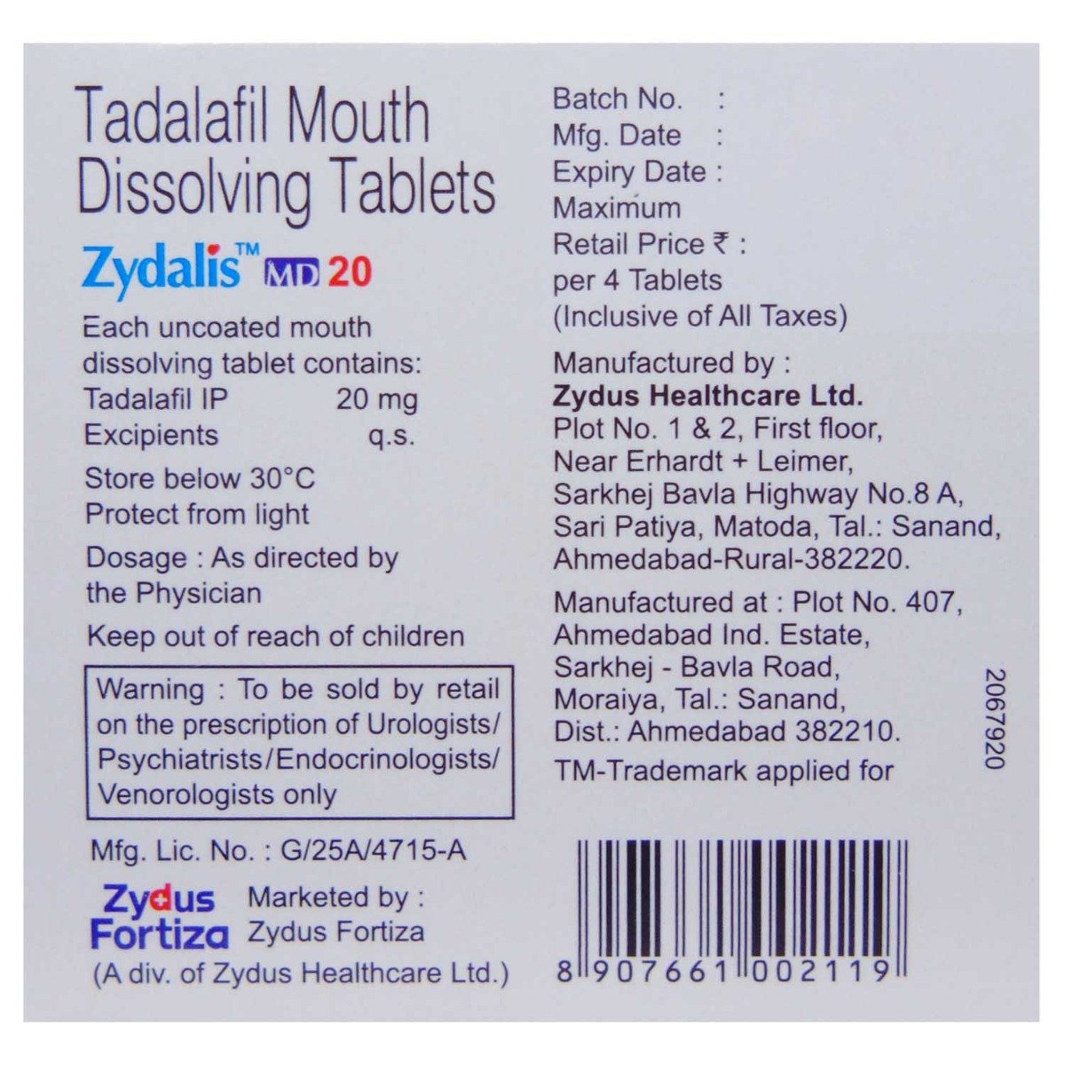 Zydalis MD 20 Tablet 4's, Pack of 4 TABLETS Zydalis MD 20 Tablet 4's, Pack of 4 TABLETS